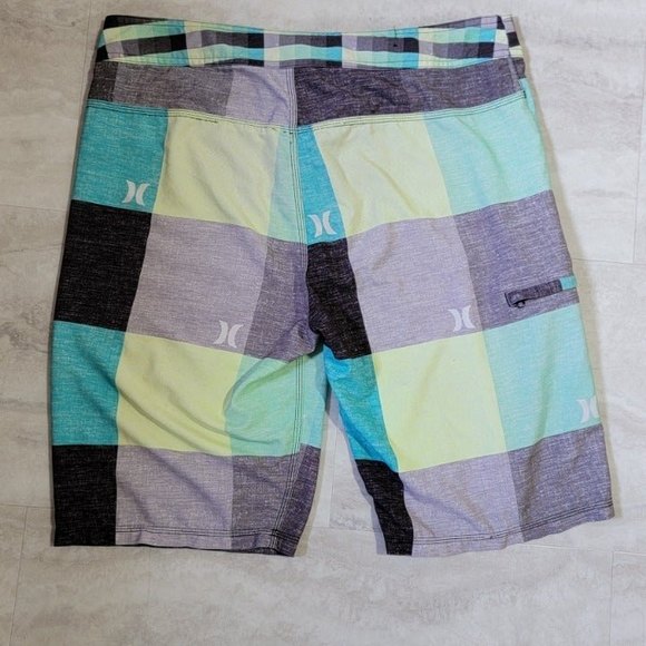 Hurley Buckle Gray Blue Green Logo Pattern Board Shorts Approx. Size 36 - Picture 4 of 5